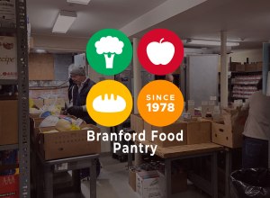 Branford Food Pantry logo over image of Food Pantry storage area.