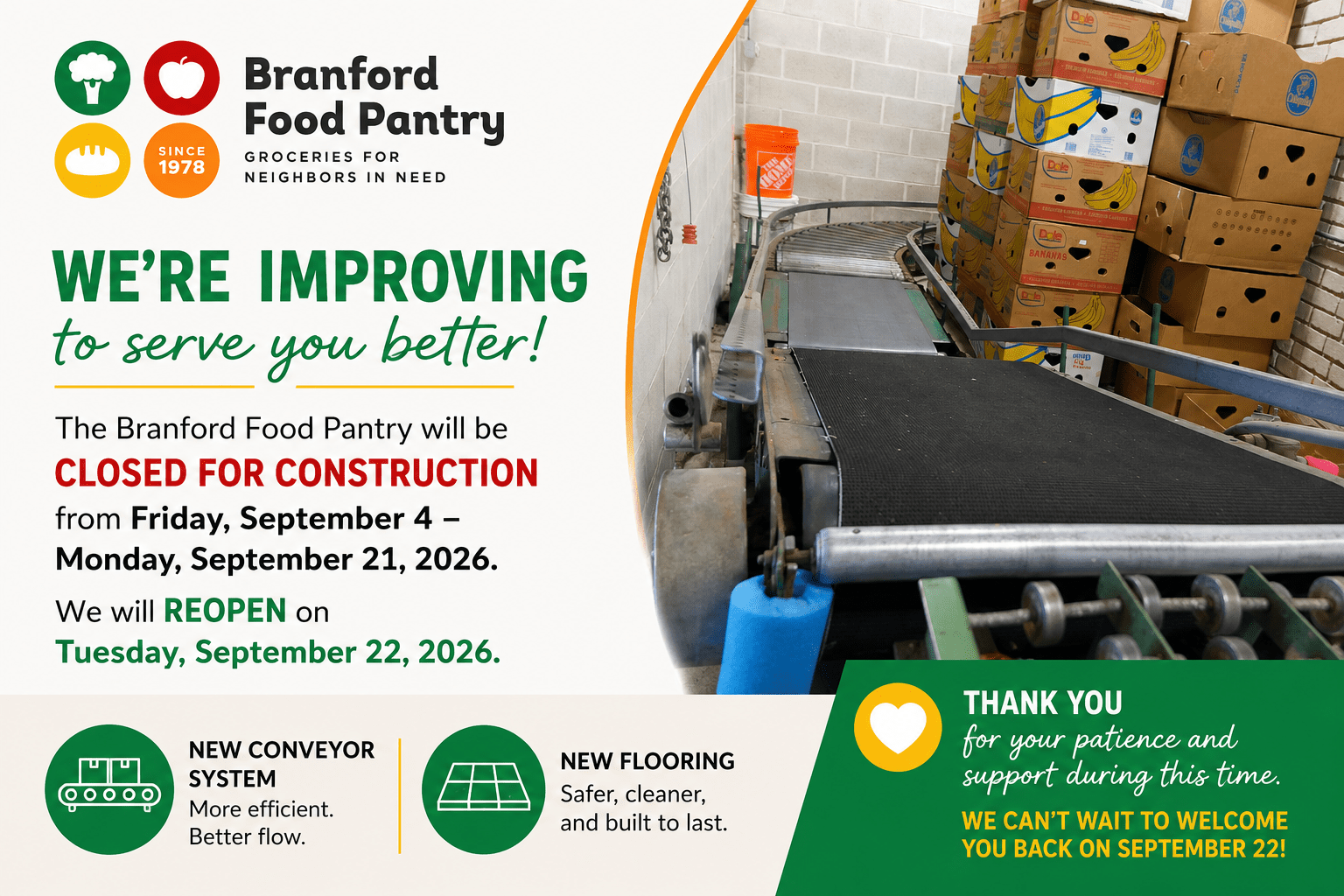 BFP closure Sept 4 - 21 for building improvements